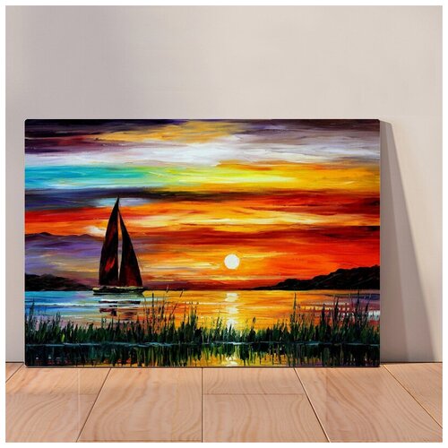 фото Картина "лодка на закате", 40x30 см, картина на холсте на деревянном подрамнике с настенным креплением вау холст
