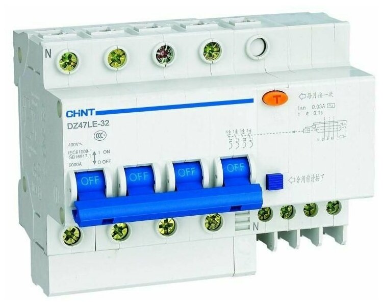 Выключатель автоматический дифференциального тока 4п C 16А 100мА тип AC 6кА DZ47LE-32 CHINT 199689 1шт