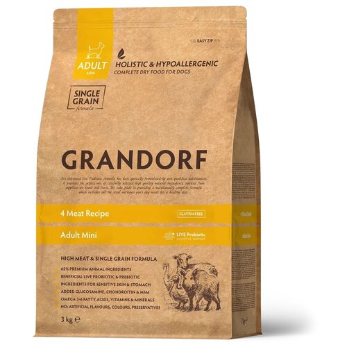 Сухой корм для собак GRANDORF 4 Meat Recipe Adult Mini 3 кг, 4 вида мяса для взрослых мини пород (с живыми пробиотиками)