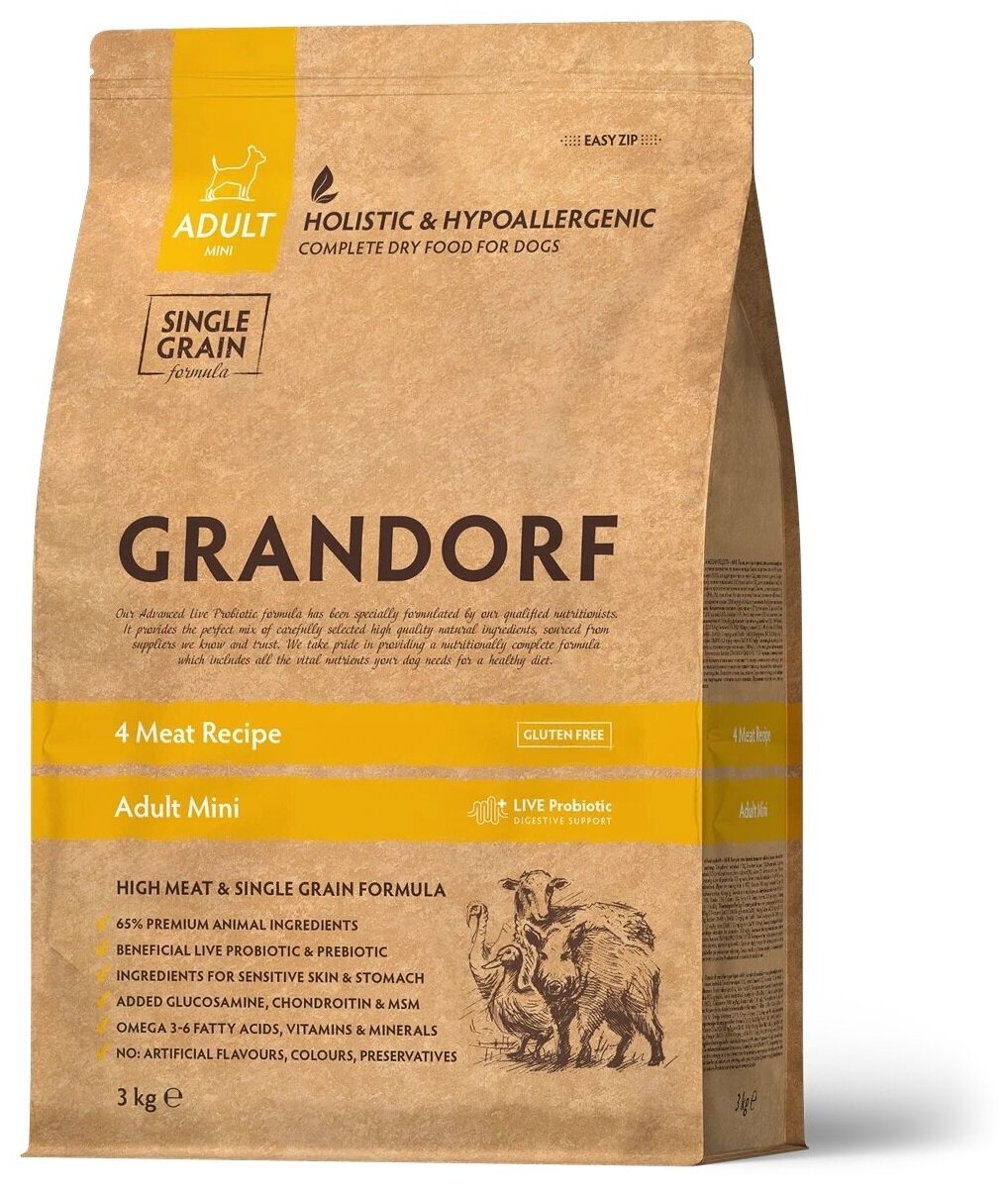Корм сухой GRANDORF 4 Мяса с рисом для собак мини пород от 1 года.3 кг С пробиотиками, гипоаллергенный.
