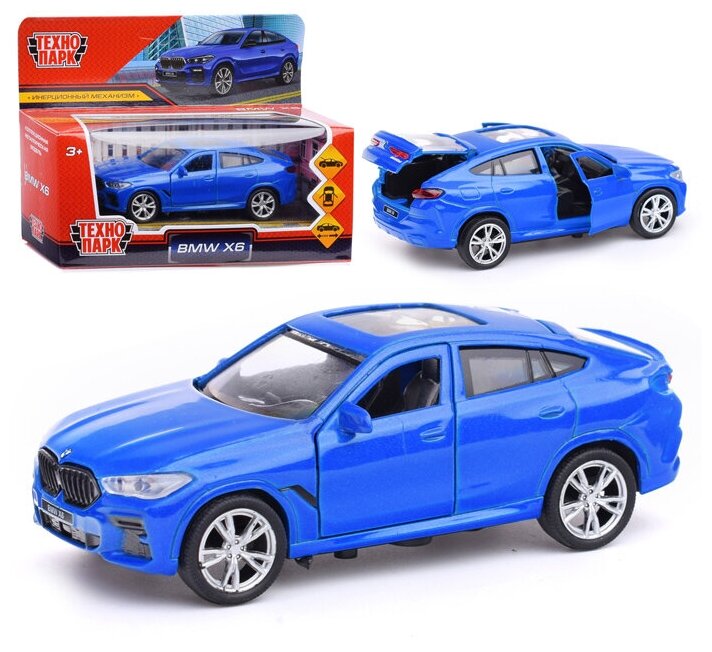 Машина металл BMW X6 12 см, (двери, багаж, синий,) инер, в коробке