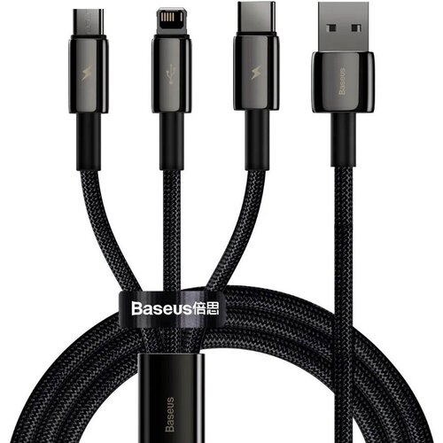 Кабель USB BASEUS Tungsten Gold One-for-three, USB - MicroUSB+Type-C+Lightning, 3.5A, 1.5 м, черный 3a micro usb type c cable android mobile phone charger fast charging microusb usb data short long cord for xiaomi samsung s20 s7