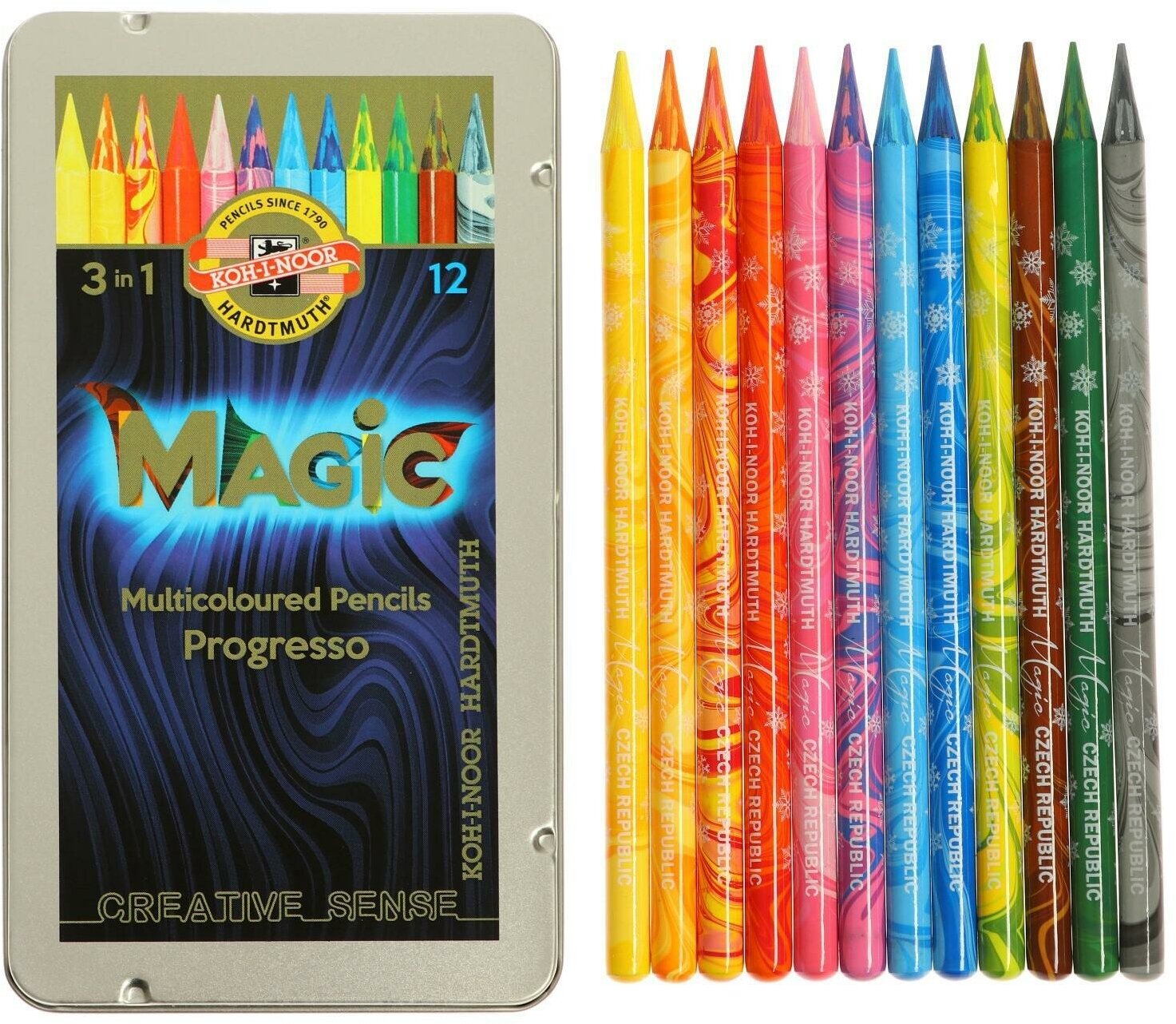 Карандаши цветные цельнографит 12 цветов PROGRESSO MAGIC 8772, металлический пенал