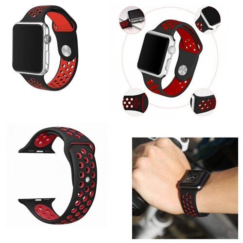 фото Силиконовый ремешок для часов apple watch band 42 44 спортивный (черно-красный) daprivet