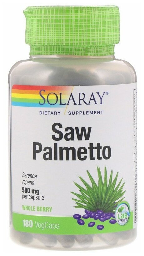 Solaray - Saw Palmetto 580 мг (180 капсул) - Saw Palmetto (ягоды серенои) для поддержки мужского здоровья