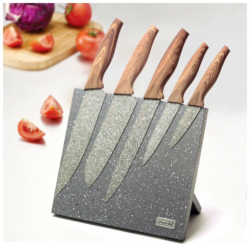 Набор ножей 6 предметов из нержавеющей стали на подставке с мраморным покрытием (5 ножей+подставка) KAMILLE