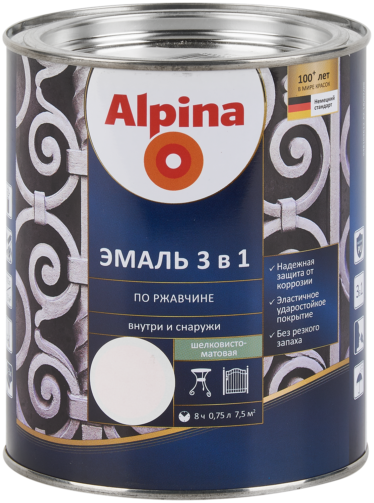 Эмаль по ржавчине ALPINA 3 в 1 матовая белая 0,75 л