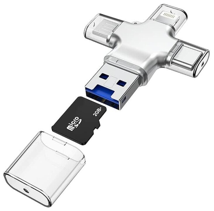 Картридер 4 in 1 OTG для iP Lighting/Type-C/Micro USB/USB 2.0 Borofone DHB01 серебро