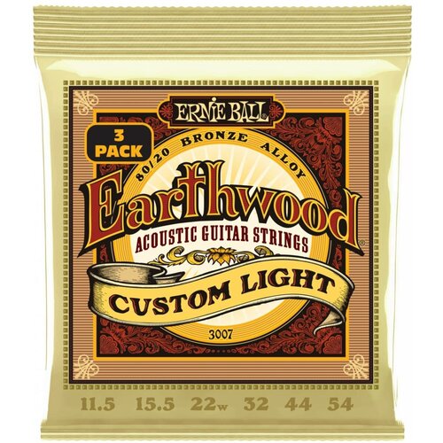 Набор из 3х комплектов струн для акустической гитары ERNIE BALL 3007 Earthwood 80/20 Bronze Custom Light 3 Pack 11.5-54 ernie ball 3007 набор из 3х комплектов для акуст гитары earthwood custom light 80 20 11 5 54