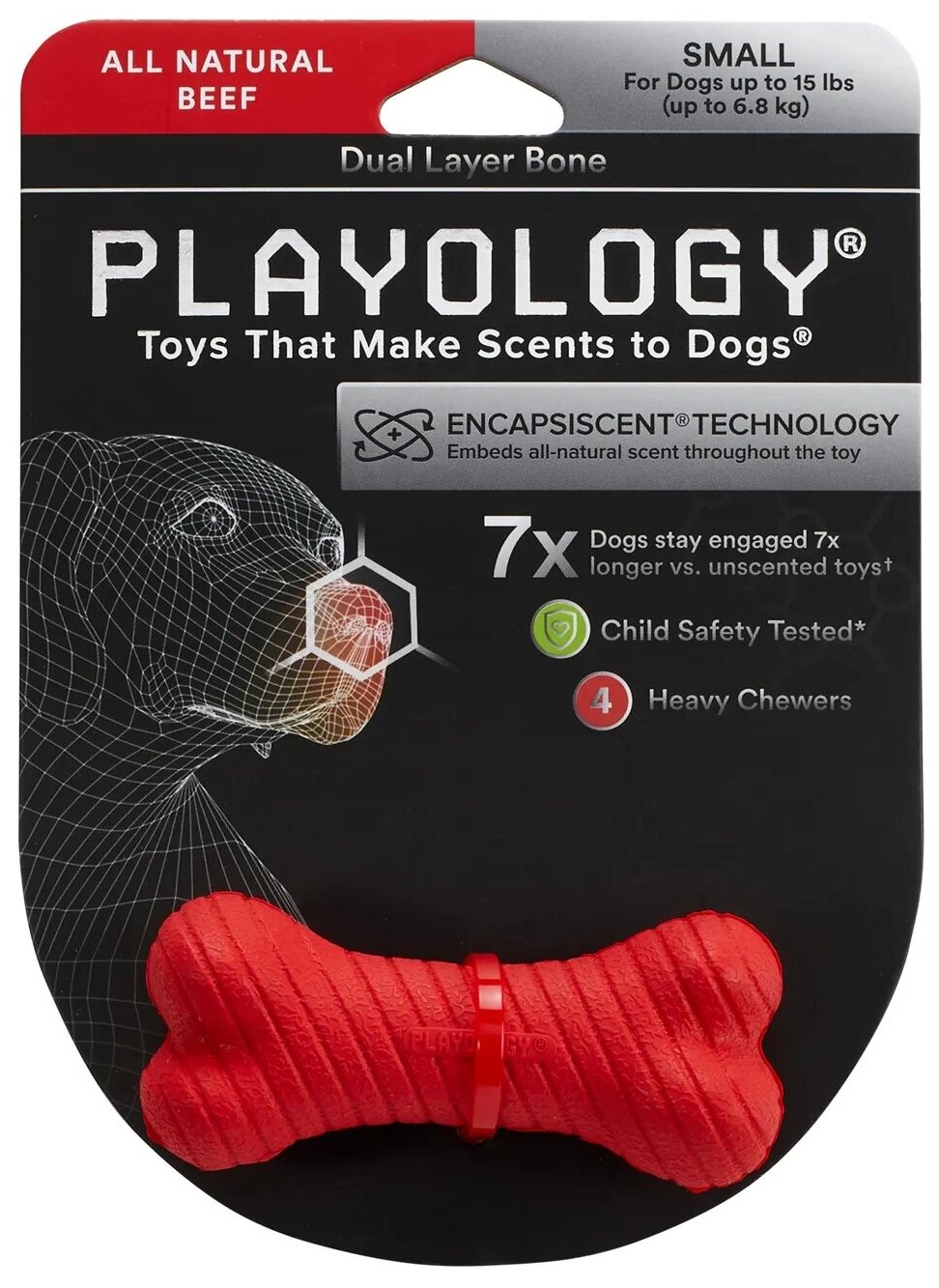 Игрушка Playology двухслойная жевательная косточка для собак DUAL LAYER BONE с ароматом говядины, маленькая, красный - фотография № 15