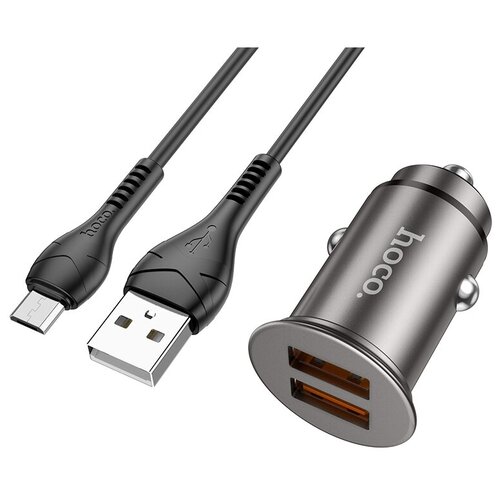 фото Автомобильное зарядное устройство hoco nz1 developer, usb + кабель usb-micro, серый металлик