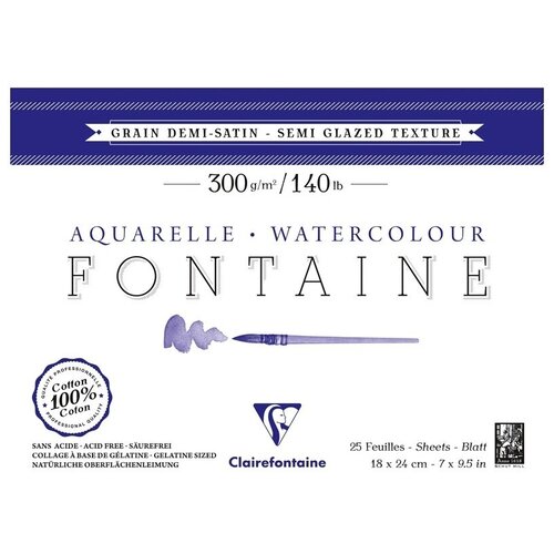 Альбом для акварели 180x240мм, 25л Clairefontaine Fontaine Demi-satin (300 г/кв. м, горяч. пресс, полу-сатин) (96405C)