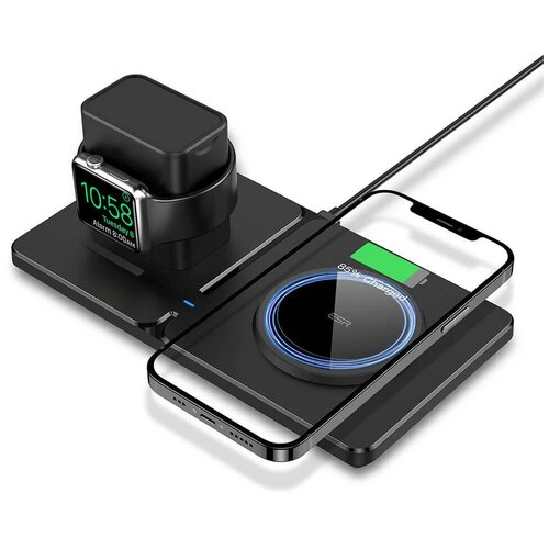 Магнитное зарядное устройство ESR HaloLock 2 in 1 Charging Station iPhone 12/13 + iWatch (5W/7.5W/10W/15W), с поддержкой MagSafe, черное беспроводное зарядное устройство 4 в 1 для iphone 14 12 13 pro max airpods pro 2 3 apple iwatch 8 7 6 магнитная быстрая зарядная станция