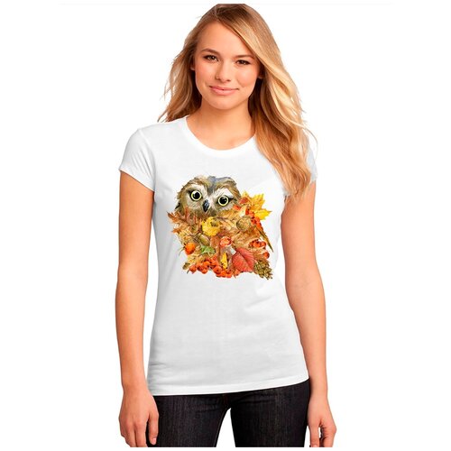 фото "женская белая футболка сова, орех, листья". размер s drabs