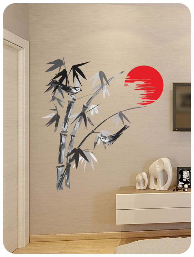 Наклейка интерьерная для декора на стену "Японские пейзажи - Бамбук и птицы"