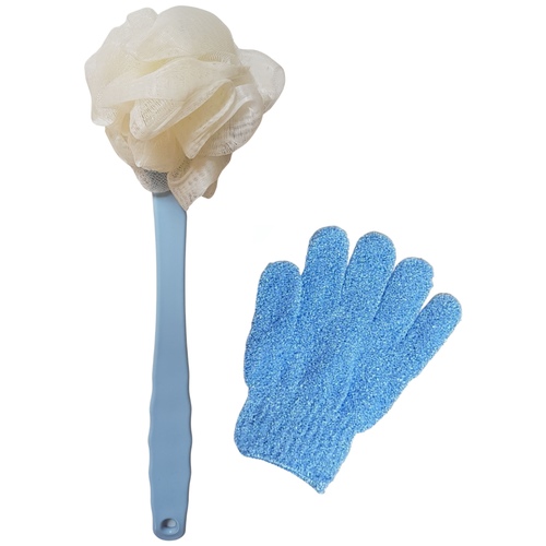 Мочалка на длинной ручке и перчатка для пилинга, набор для мытья и пилинга голубой, KF.