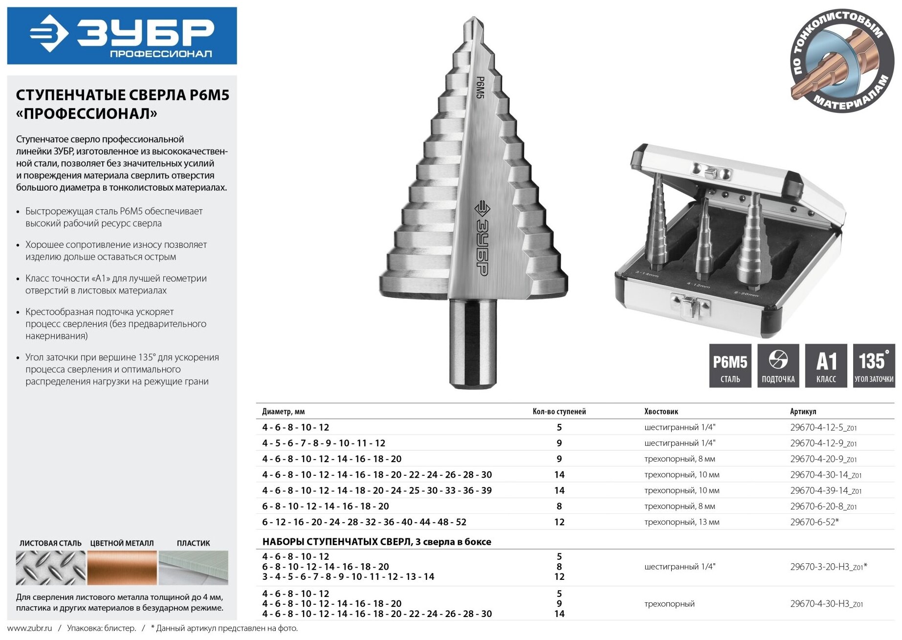 Набор ступенчатых сверл по сталям и цветным металлам ЗУБР - фото №7