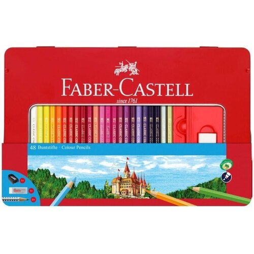 Карандаши цветные Faber-Castell Замок, 48 цветов трехгранные +2ч/г карандаша Grip+ластик+точилка, в металлической коробке