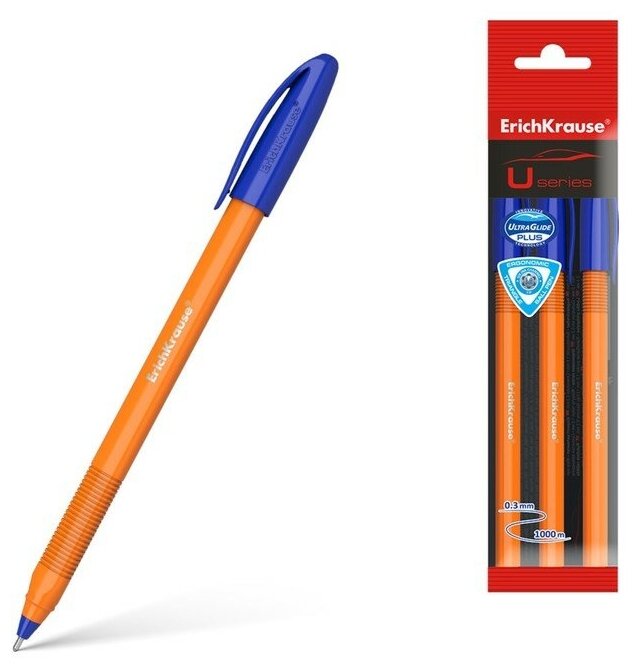 Набор ручек шариковых 3 шт. ErichKrause U-108 Orange Stick, узел 1.0 мм, чернила синие 9521489
