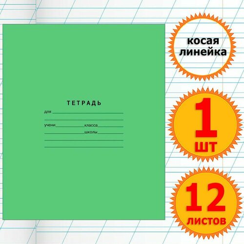 Тетрадь школьная для учебы в косую линейку 12 листов Комплект 1 штука Классика, косая линейка, Зеленая