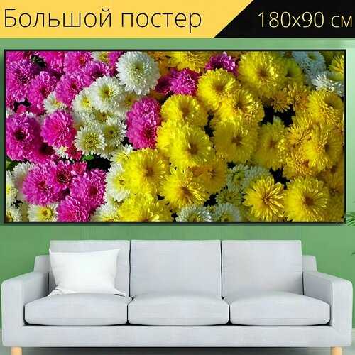 Большой постер "Хризантемы, цветы, осень" 180 x 90 см. для интерьера
