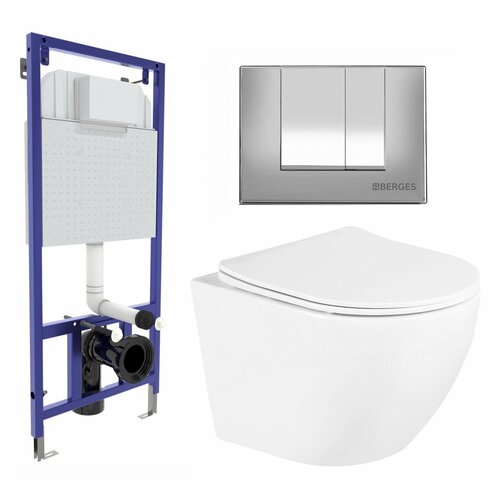 Комплект 3 в 1 инсталляция Berges Wasserhaus Novum 040242 + Унитаз подвесной BelBagno Uno BB3105CHR/SC + кнопка хром матовая