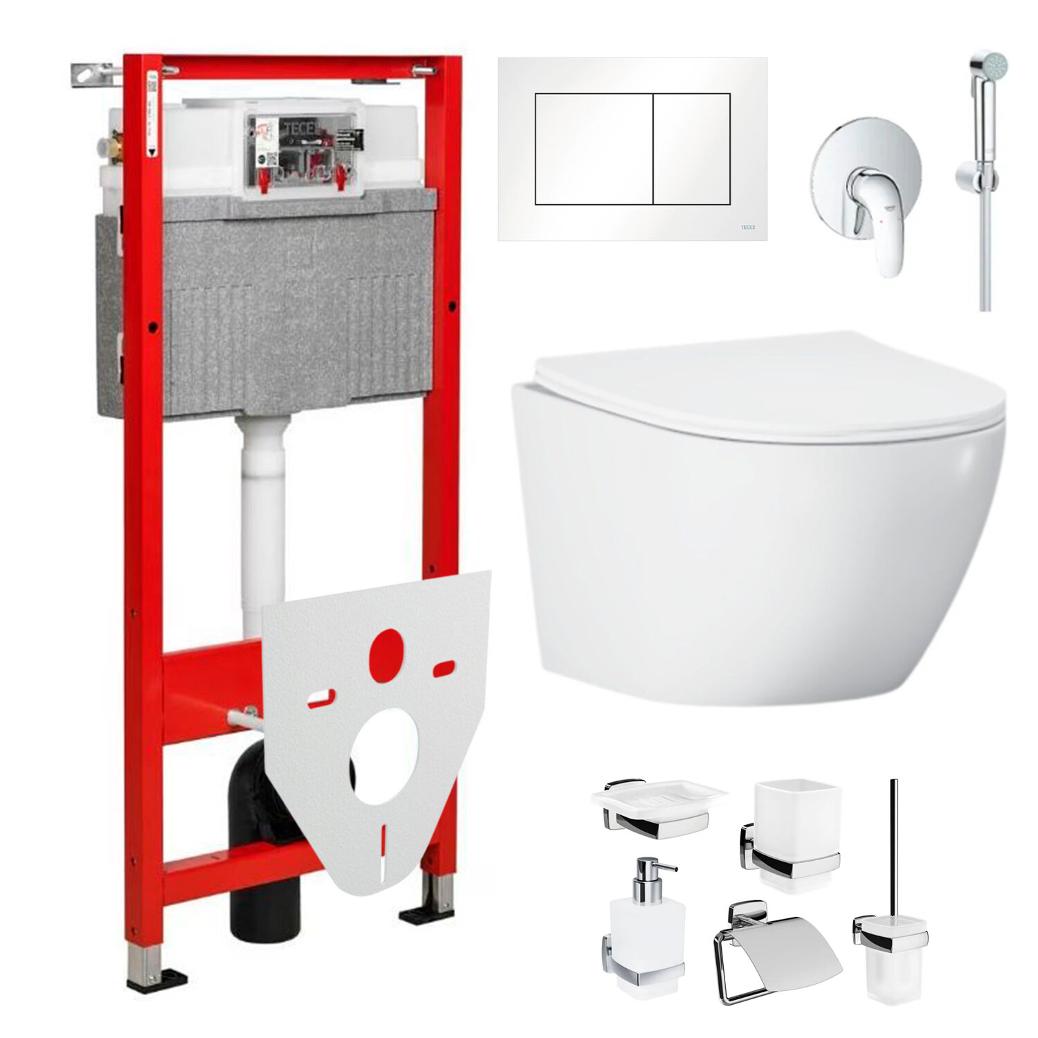 фото Готовое решение: инсталляция TECE с кнопкой, унитаз Helmken 35103001, сиденье, гигиенический душ, аксессуары