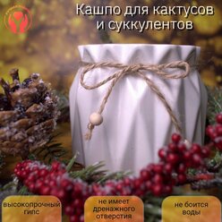 Кашпо для кактусов и суккулентов + подарок, кашпо из гипса, ваза для хранения украшений, стакан- органайзер, декоративная, интерьерная, в подарок. Цвет белый, размеры 10*8,5, объём 290 мл.