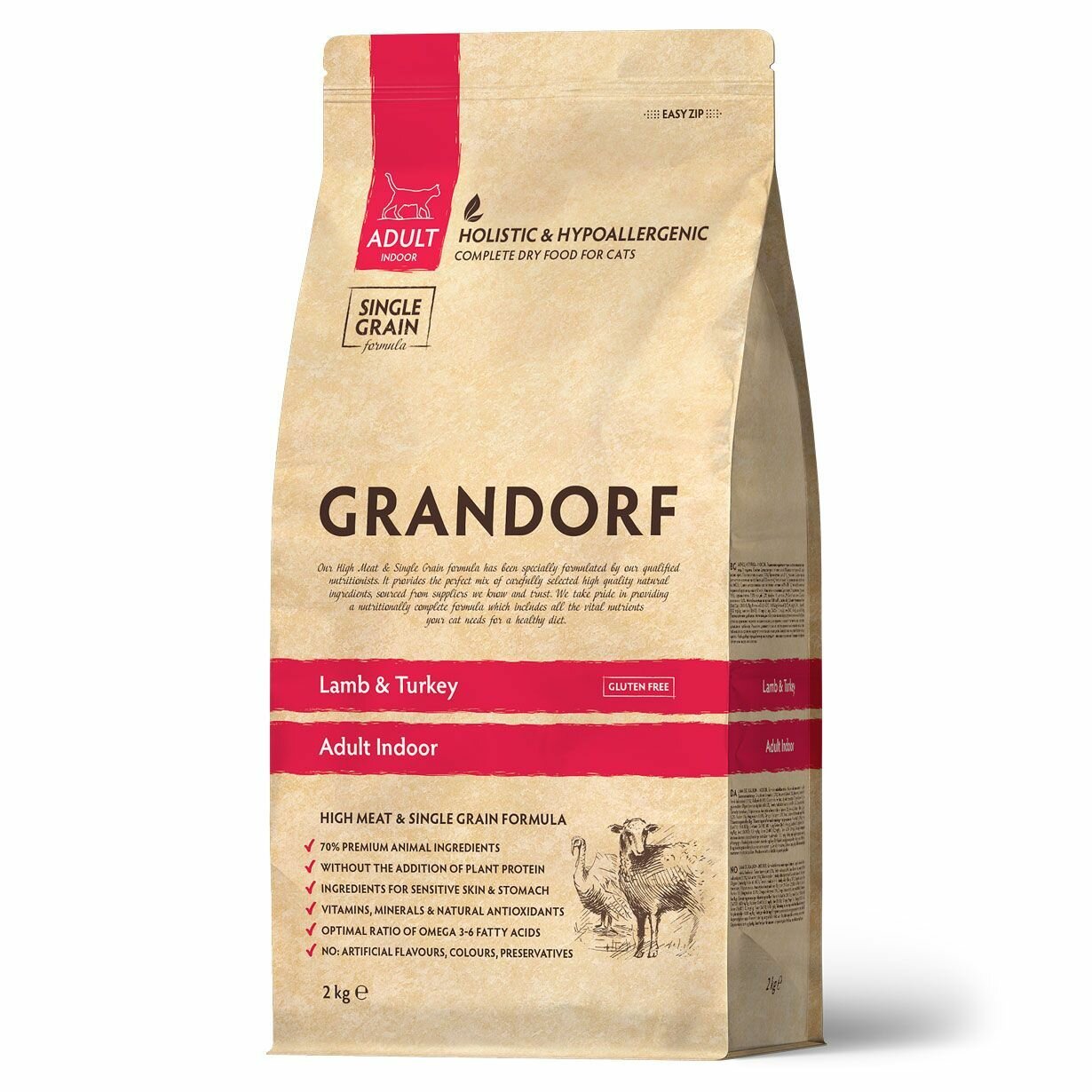 Корм для кошек GRANDORF Ягнёнок с индейкой Indoor 2кг. Для взрослых кошек от 1 года с нормальной активностью. С пробиотиками