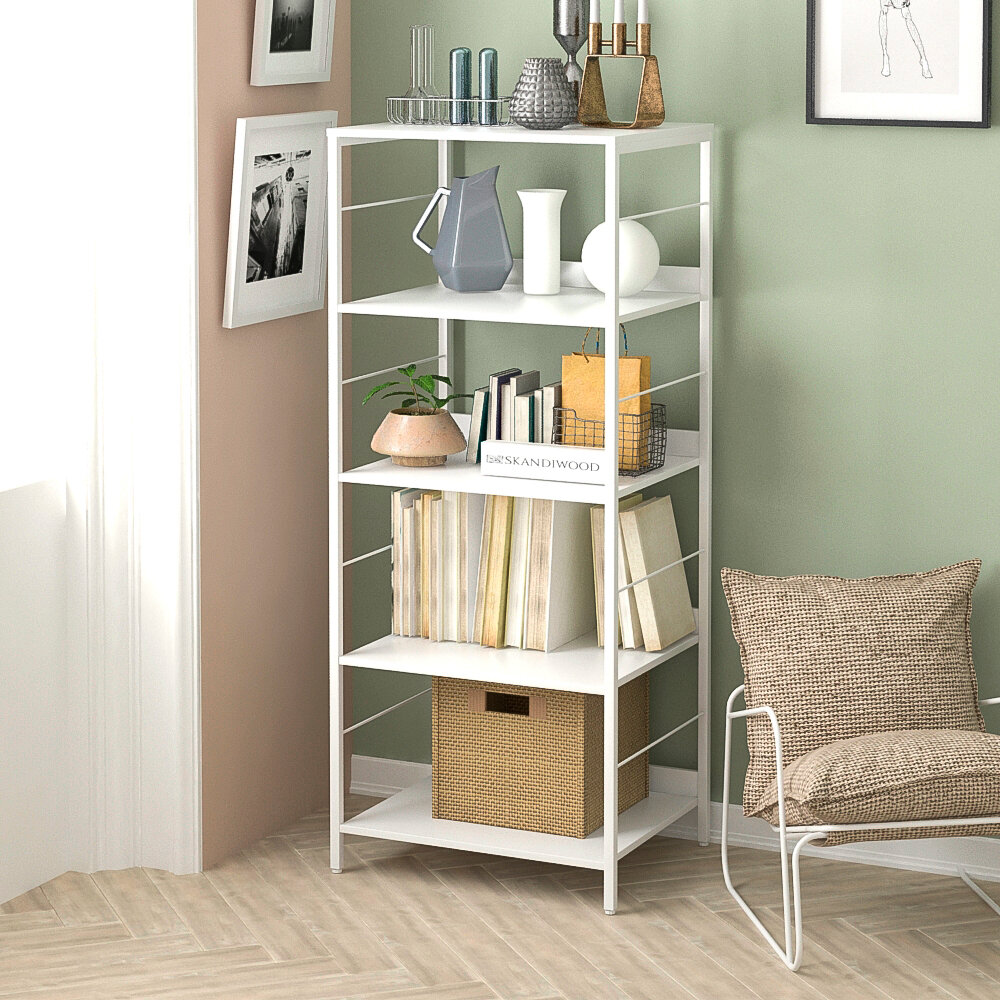 Стеллаж, этажерка, пенал, шкаф для книг металлический, деревянный напольный в скандинавском стиле SKANDIWOOD Chicago 60x32x145 см, белый