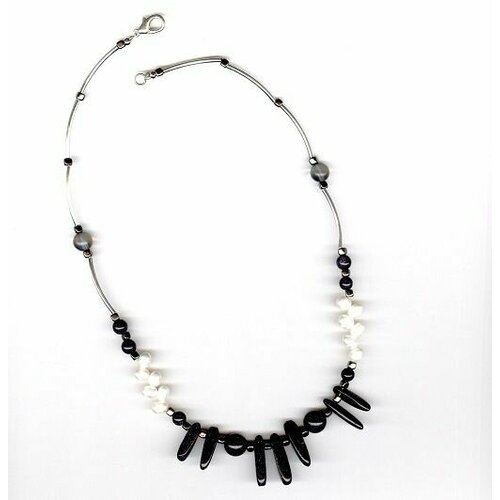Колье ARMONIA, искусственный камень, акрил, лабрадор, гематит, длина 45 см, серебряный, черный