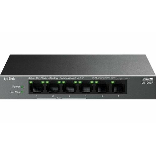 TP-Link LS106LP Настольный коммутатор с 6 портами 10100 Мбитс 4 порта PoE 8023af бюджет PoE 41 Вт до 250 метров 3893₽