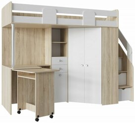 Кровать-чердак "МИЙА_А" (Улучшенная фурнитура) , 80x200 см , цвет Дуб Сонома светлый/Белый (Шагрень), для спальни