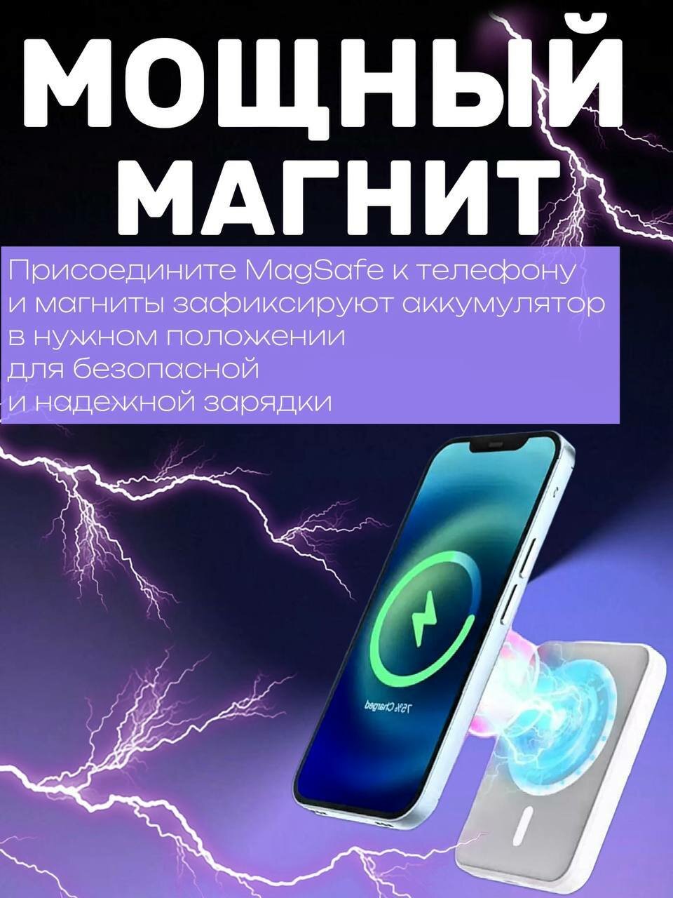 Магнитный повербанк с быстрой 15 ват беспроводной зарядкой Power bank MagSafe для iPhone и Android — фото 1