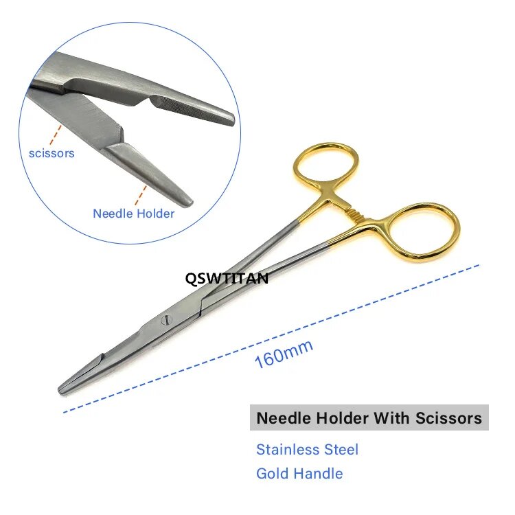 Иглодержатель с ножницами 16 см, Stainless Steel, Gold Handle