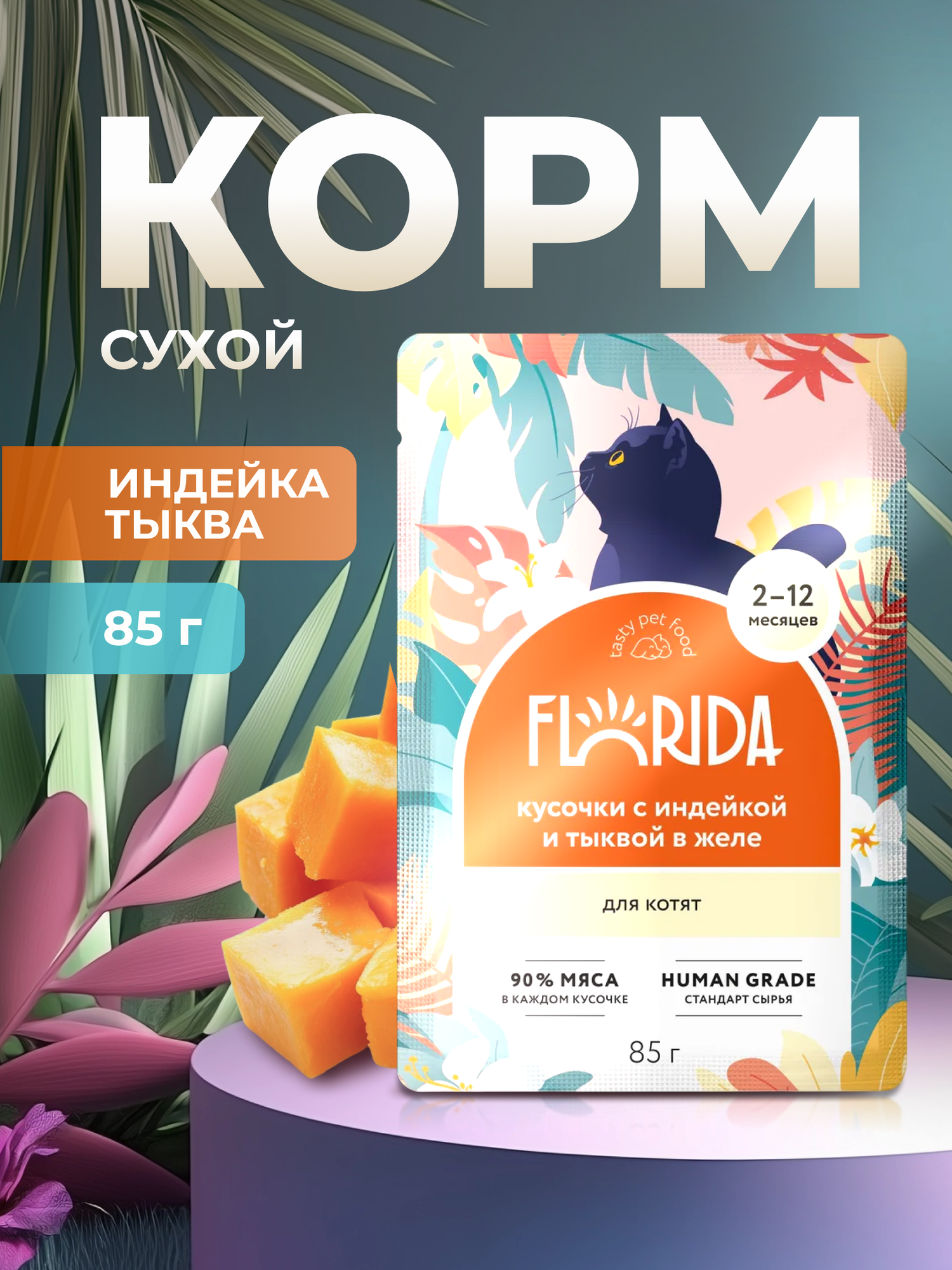 Влажный корм Florida пауч для котят кусочки с Индейкой и тыквой в желе 85г