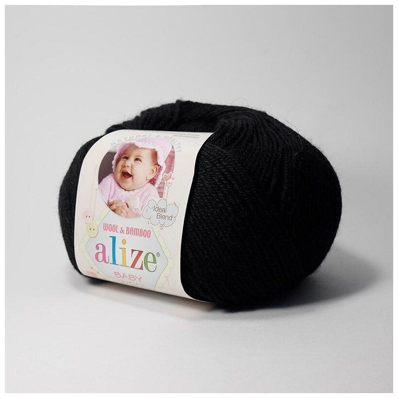 Пряжа Alize Baby Wool (Беби Вул) 60 черный 40% шерсть, 20% бамбук, 40% акрил 50г 175м 5шт