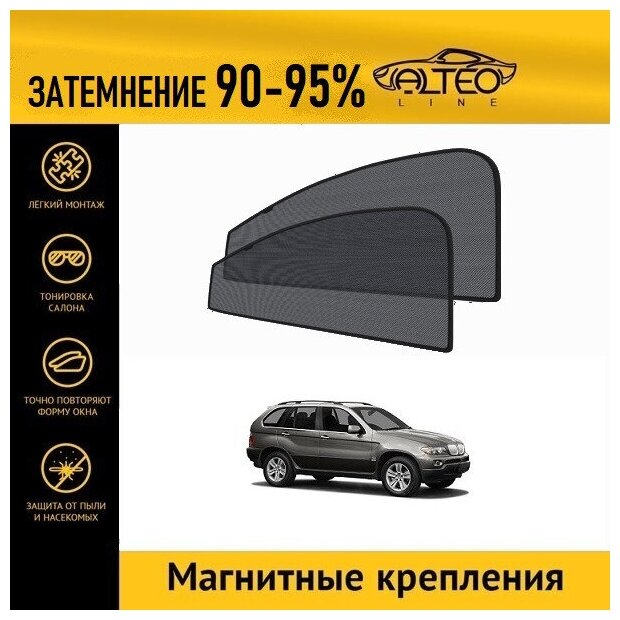 Каркасные автошторки ALTEO PREMIUM на BMW X5 (E53) рестайлинг (2003-2006) на передние двери на магнитах с затемнением 90-95%