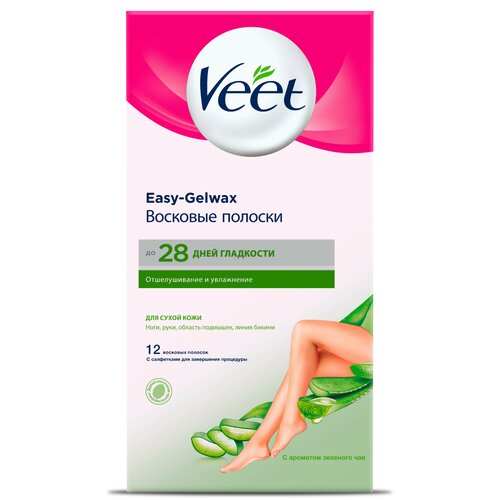 Купить Veet Восковые полоски Easy Gelwax с ароматом зелёного чая для сухой кожи 50 г 12 шт. зеленый