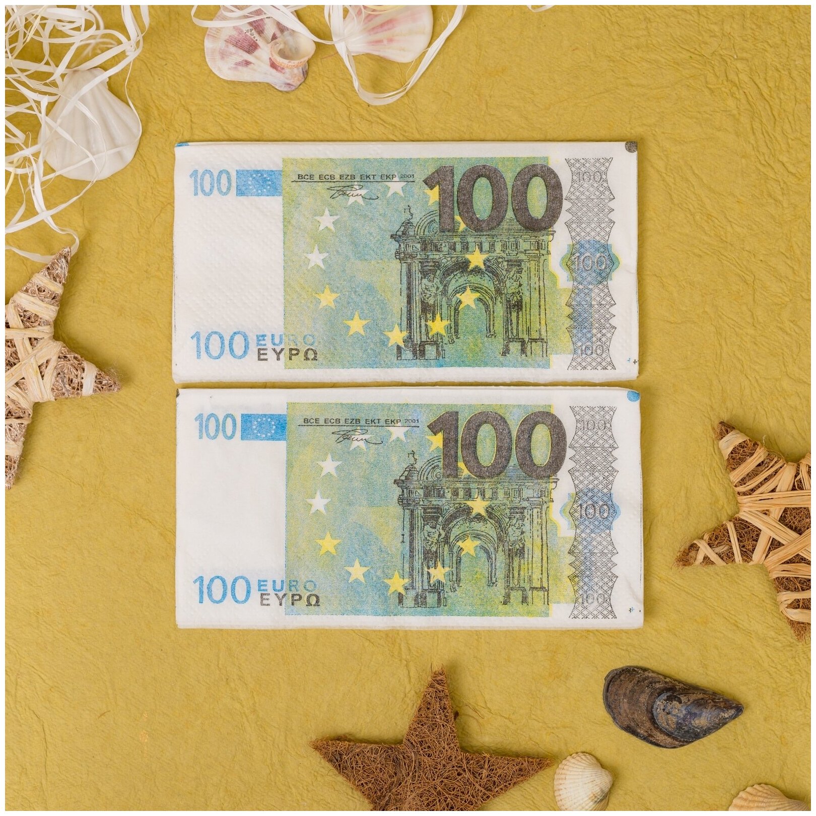 Бумажные салфетки в виде денег "100 евро" с рисунком купюр в зеленых и желтых тонах, для пикника, праздника и свадьбы, 3 пачки - фотография № 5