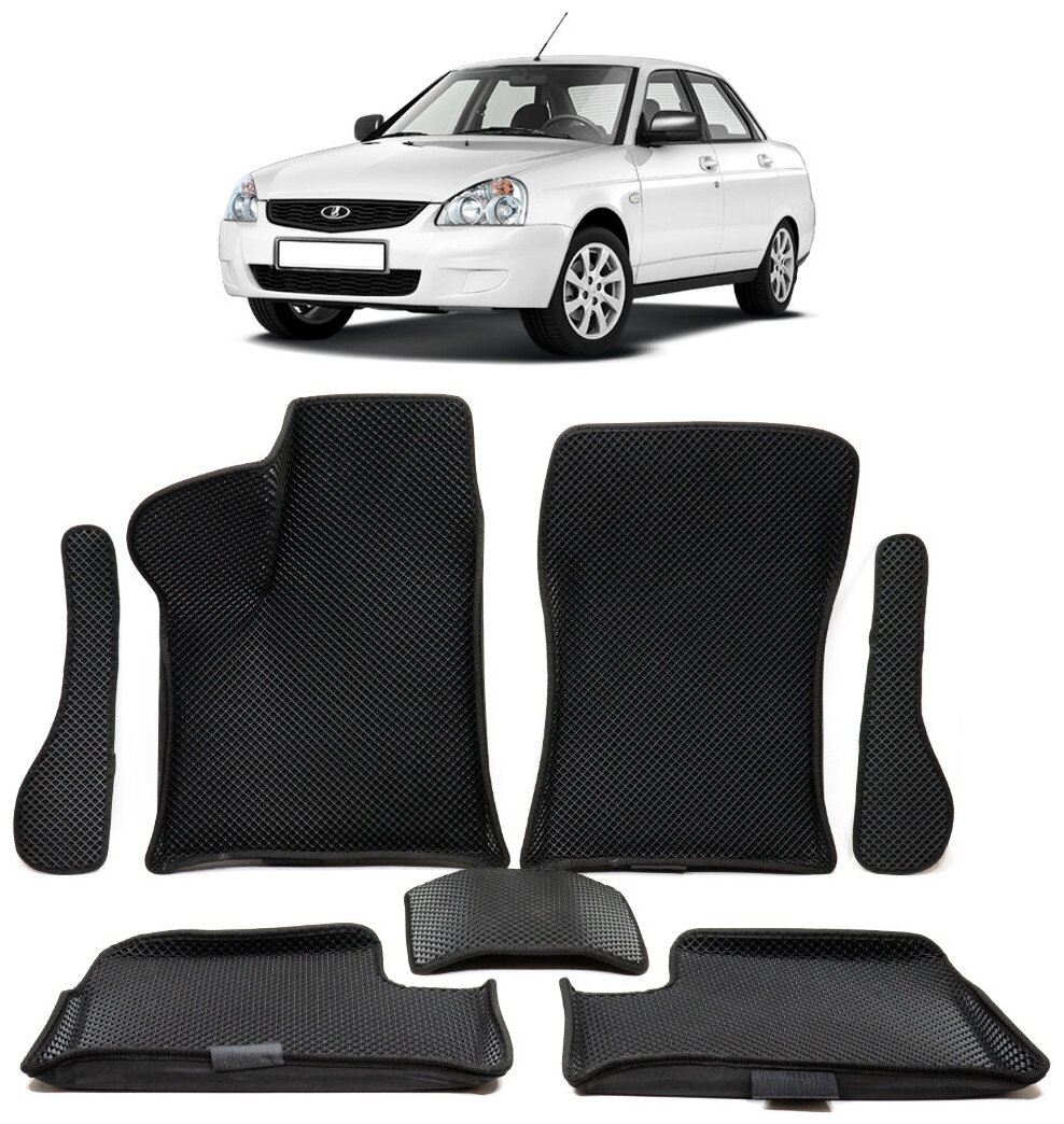 фото EVA коврики 3D с бортами в салон Лада Приора/ВАЗ 2110/2111/2112 черные с черной окантовкой