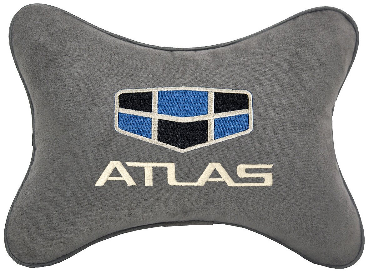 Автомобильная подушка на подголовник алькантара L.Grey с логотипом автомобиля GEELY Atlas