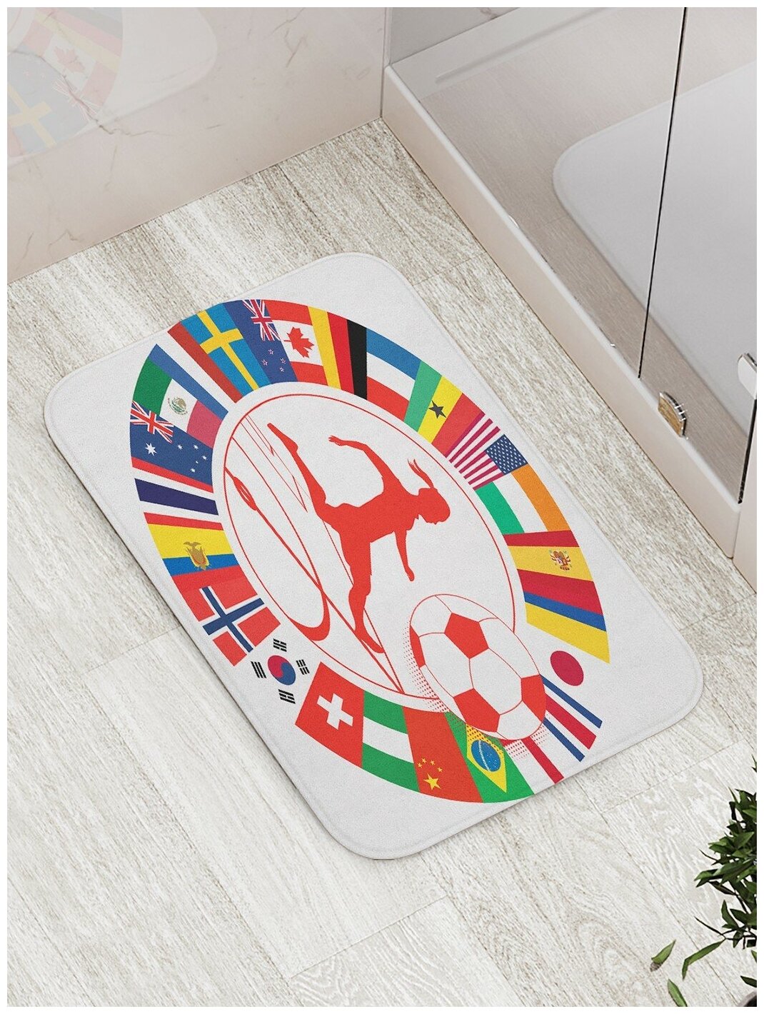 Коврик JoyArty противоскользящий "Футболист и флаги" для ванной, сауны, бассейна, 77х52 см