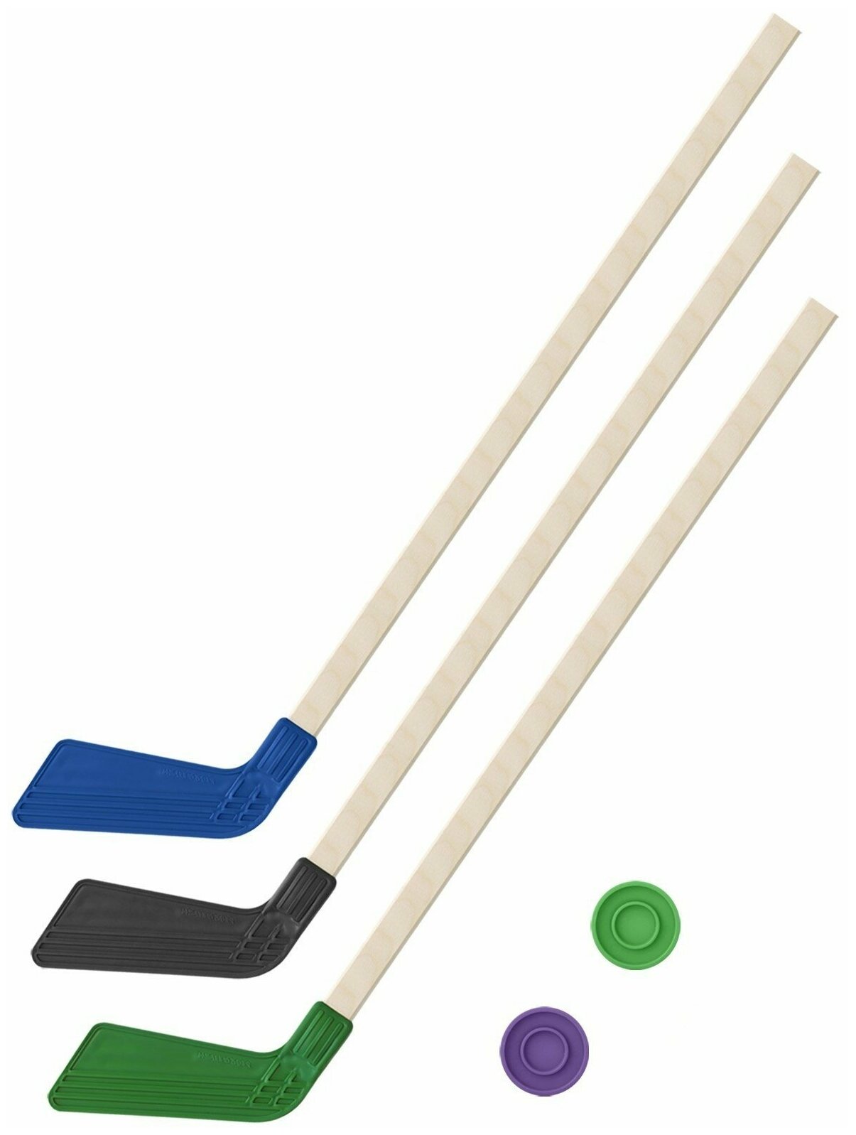 Детский хоккейный набор для игр на улице, свежем воздухе Клюшка детская хоккейная - 3 Клюшки 80 см. (синяя, черная, зеленая) + 2 шайбы