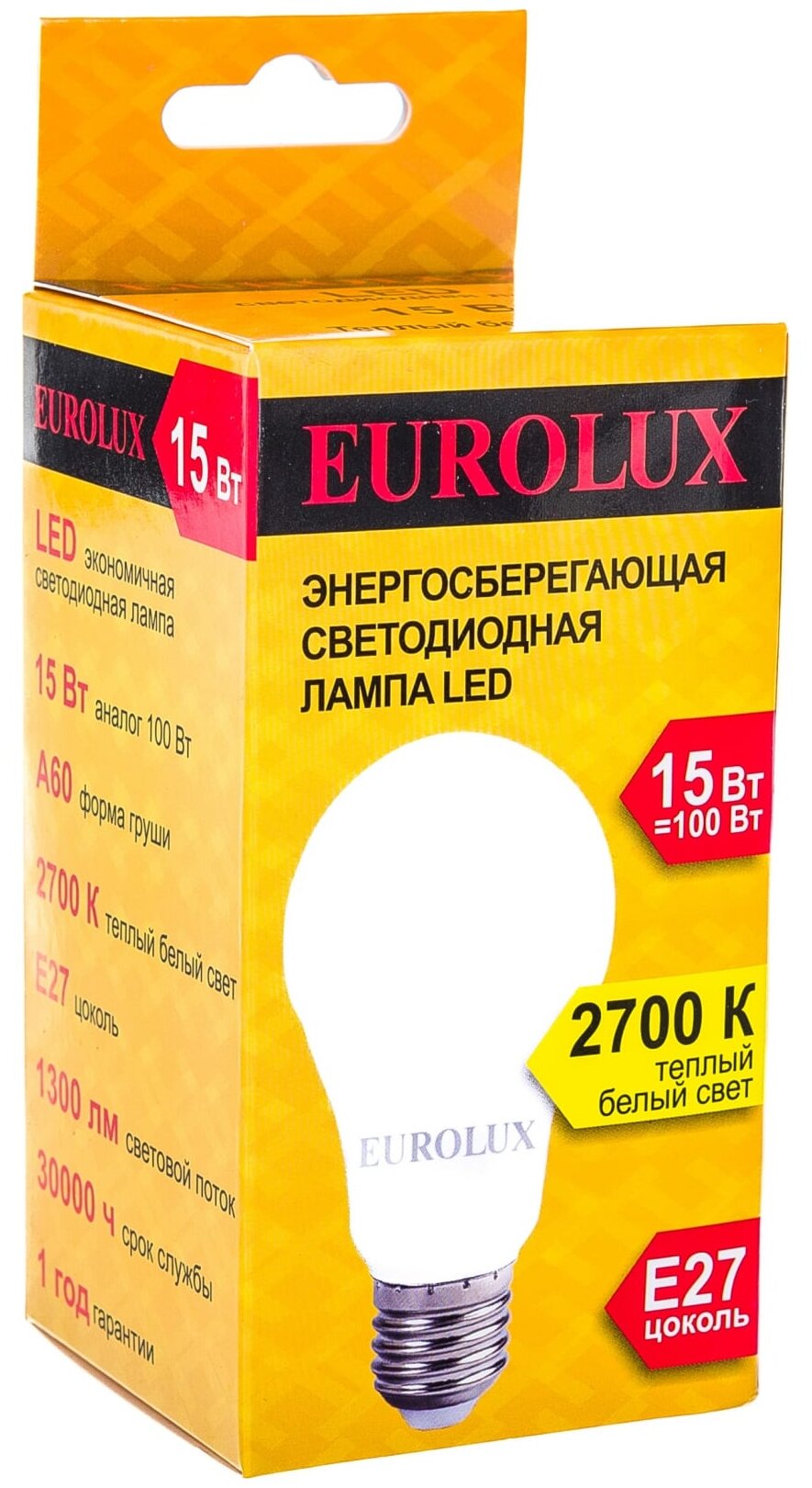 Лампа светодиодная LL-E-A60-15W-230-2,7K-E27 (груша, 15Вт, тепл, Е27) Eurolux