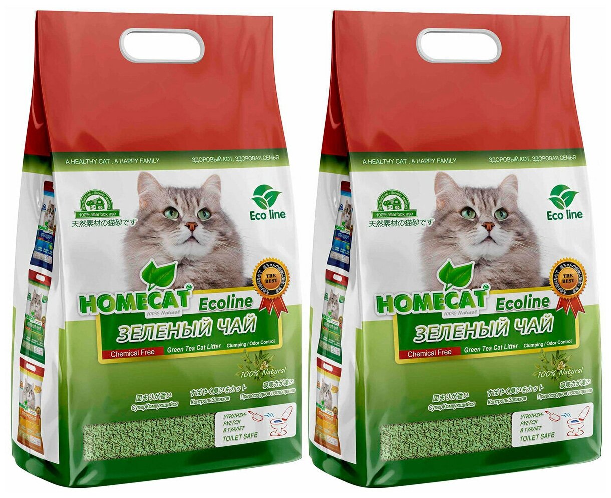 HOMECAT эколайн зеленый ЧАЙ наполнитель комкующийся для туалета кошек (18 + 18 л)