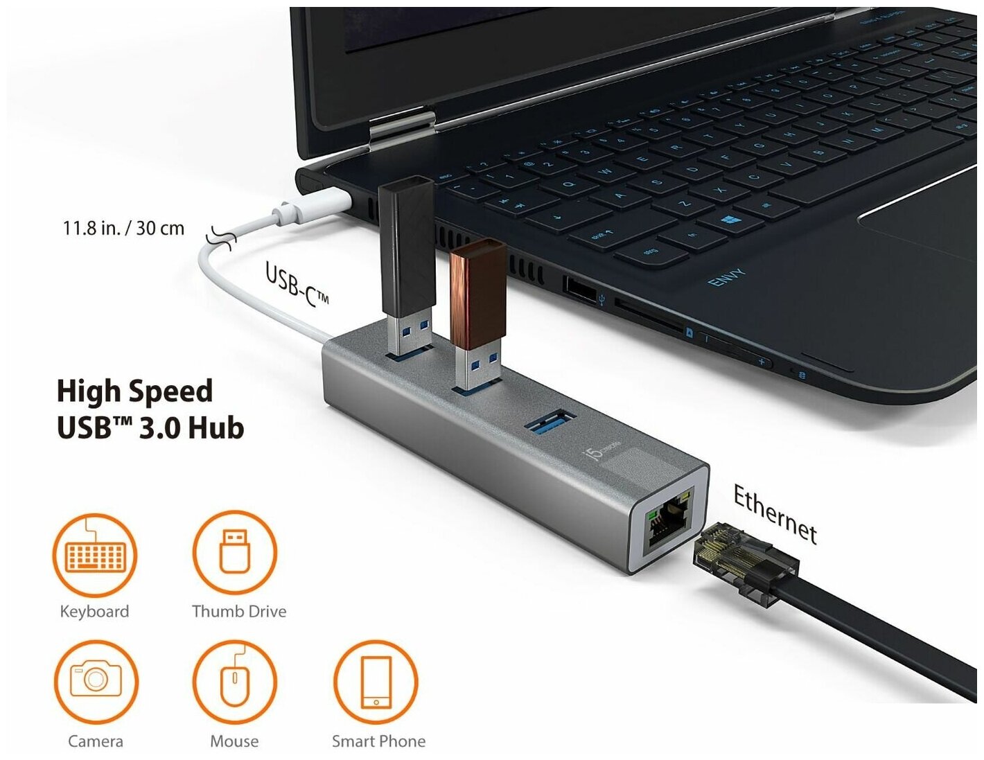 Адаптер j5create Type-C to RJ-45, 3xUSB.3.0, Серый космос JCH474 - фото №3