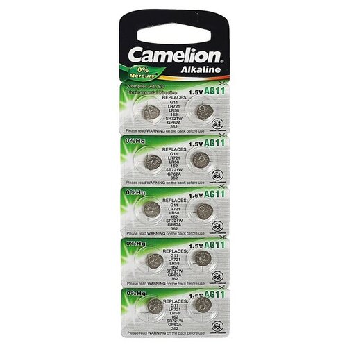 Батарейка алкалиновая Camelion Mercury Free, AG11 (362, LR721)-10BL, 1.5В, блистер, 10 шт.