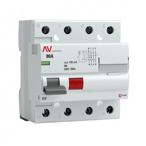 Устройство защитного отключения DV 4P 80А/100мА (A) EKF AVERES (арт. rccb-4-80-100-a-av)