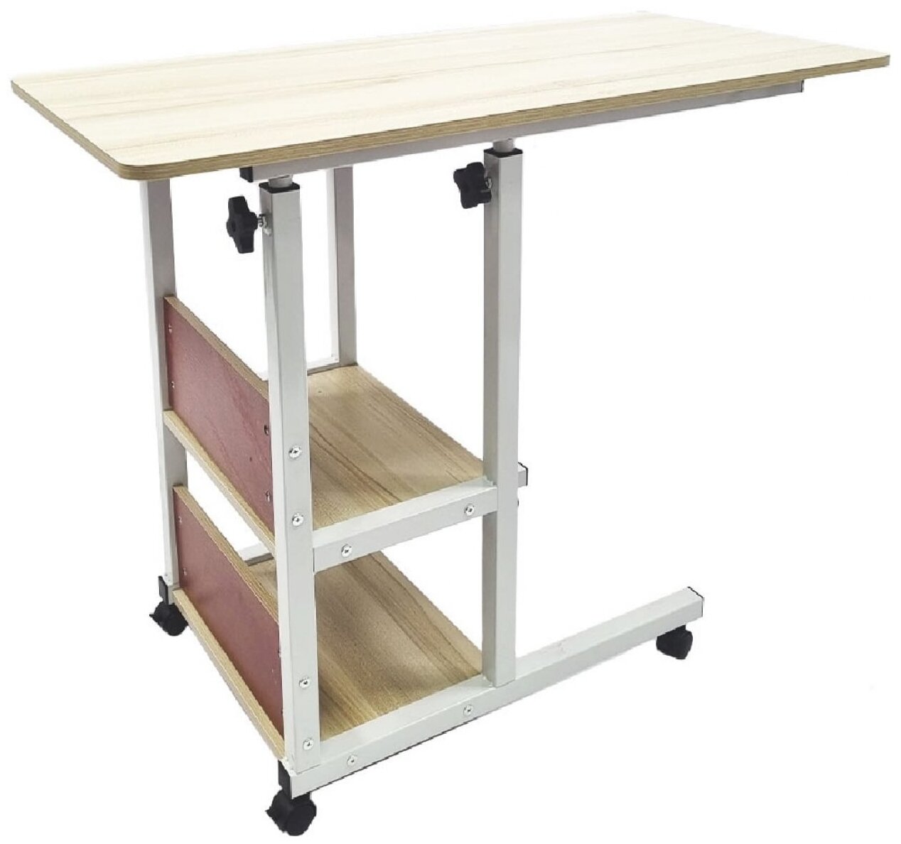 Прикроватный столик для ноутбука, на колесиках с регулировкой высоты, с полками, светло-коричневый - фотография № 3